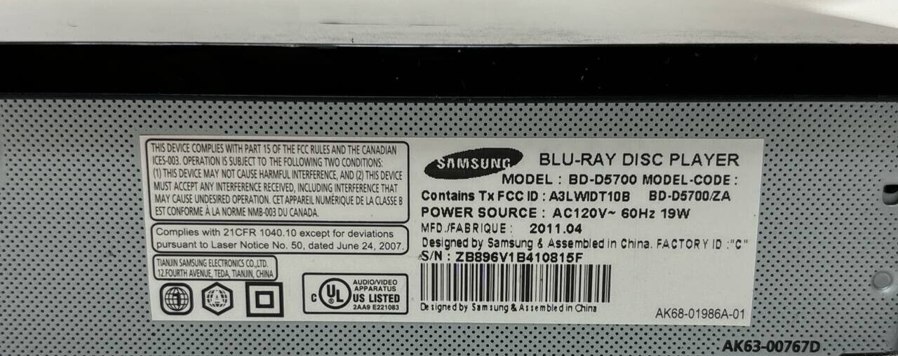 Samsung BD-D5700 3D Blu-Ray DVD Player Full HD 1080P Smart WiFi Streaming OEM