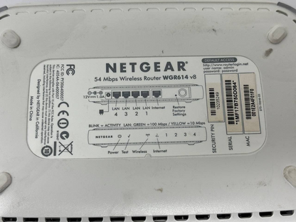 Netgear WGR614 v8 Wireless Router 54Mbps Single Band 4 Port Ethernet RJ-45 White