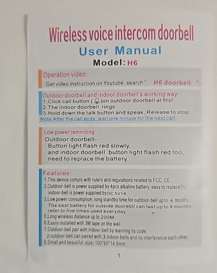 Napok H6 Intercom Doorbell Wireless Indoor Outdoor 2 USB Receivers Two Way Voice