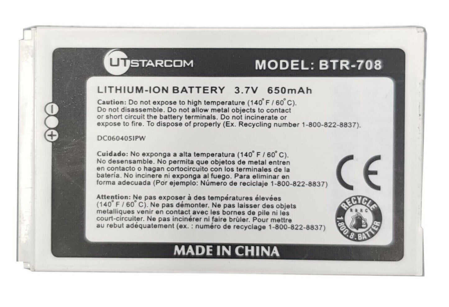 Battery For UTStarcom Audivox BTR-708 OEM Replacement Internal Part 3.7V 650mAh