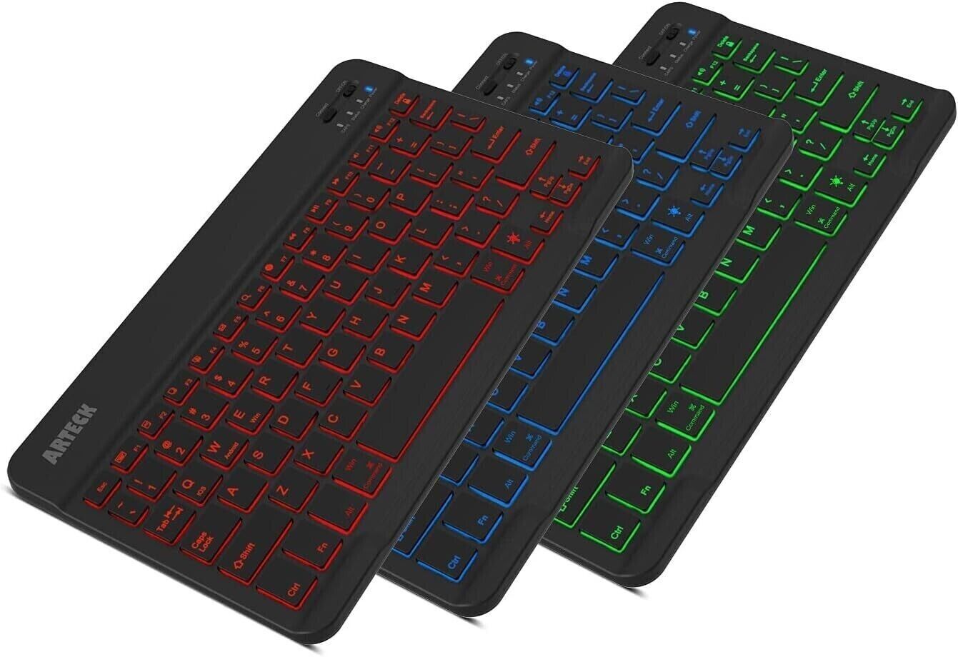 10" Arteck Slim Keyboard Universal 7 Colors Backlit Portable Bluetooth Travel