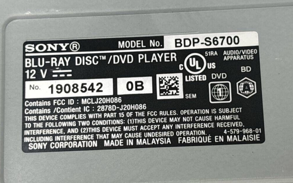 Sony BDP-S6700 Blu-Ray 4K DVD Player 1080P USB HDMI Streaming Dolby Digital WiFi