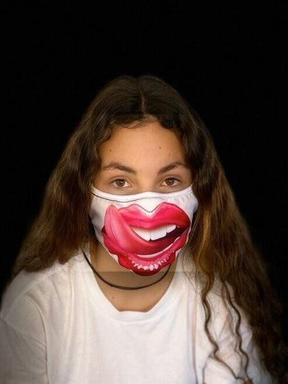 Reusable 3 Lay Protective Face Mask Animated Smile Open Mouth Tong Out for Kids