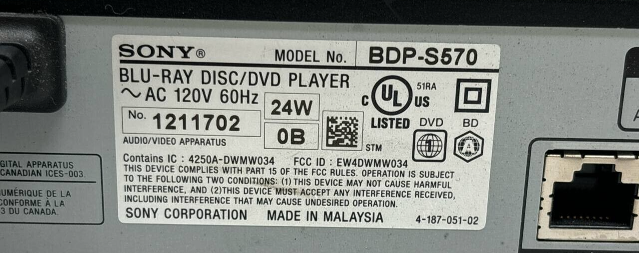 Sony BDP-S570 3D DVD Blu-Ray Player HDMI USB Dolby Digital HD WiFi Streaming