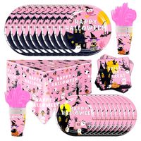 Pink Halloween Party Day Supplies for 24 Guests Tableware Plates Cups Set Kids
