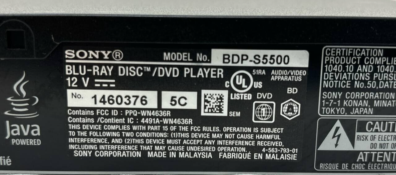 Sony BDP-S5500 3D Blu-Ray DVD Player 1080P USB HDMI Streaming Dolby Digital