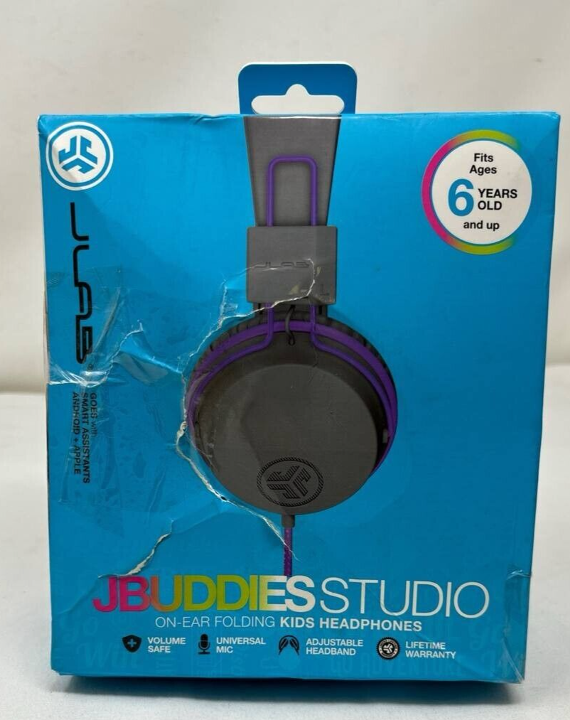 JLab JBuddies Studio On Ear Wired Headphones Kids Volume Control Mic Purple Gray