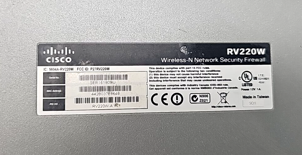 Cisco Wireless WiFi RV 220W Firewall N Network Broadband Security Device Only