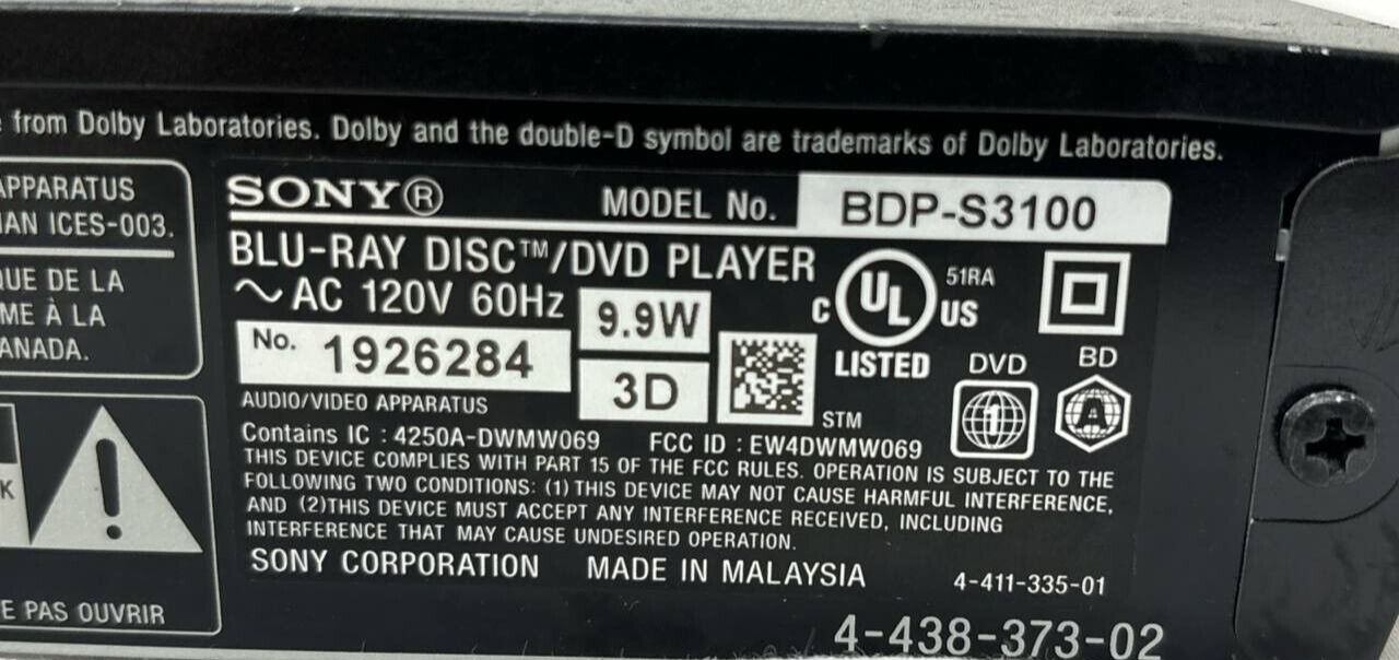 Sony BDP-S3100 DVD Disc Player 1080p Full HD Multi Format HDMI USB MP3 READ