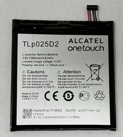 Alcatel TLp025D2 Smartphone Battery for Pixi 4 8050D 2580mAh 3.8V 9.81 W