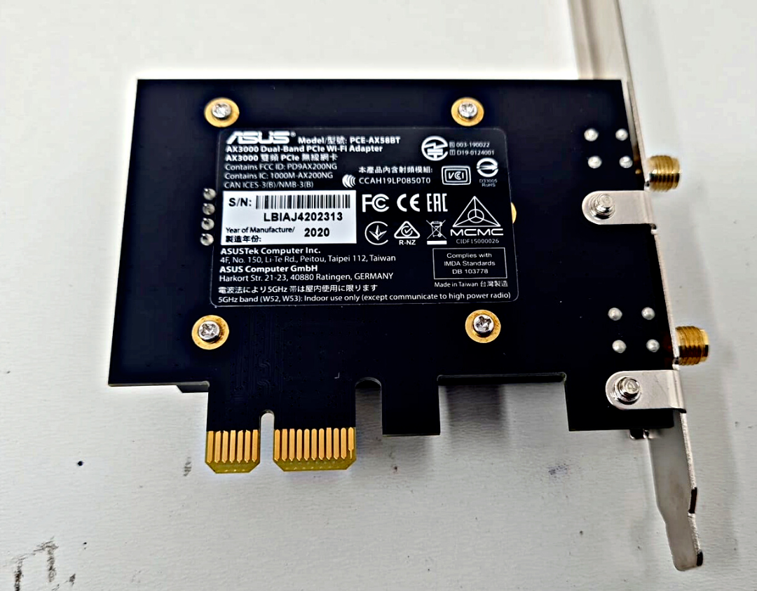 Asus PCE-AX58BT Dual Band WiFi 6 PCI-E 802.11ax Adapter 2 Antennas Bluetooth 5.0