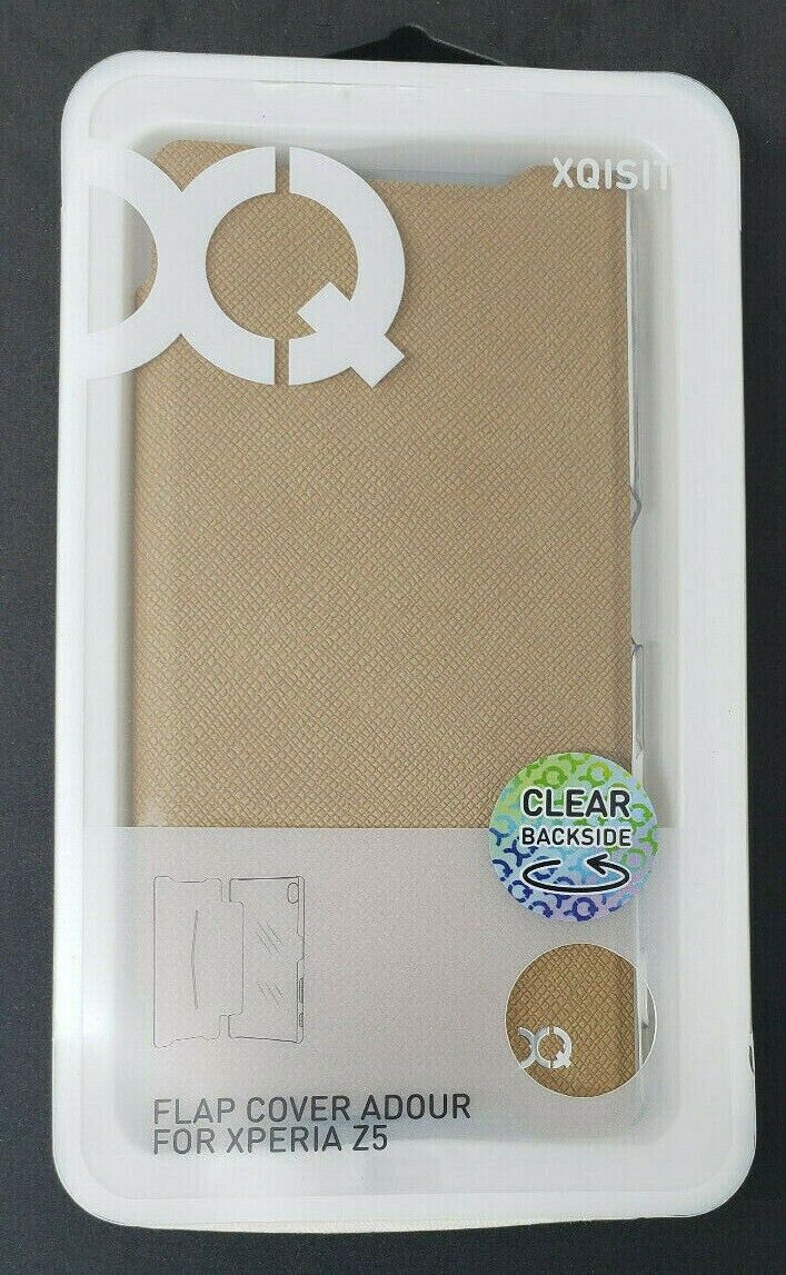 XQISIT Flap Folio Case for Sony Xperia Z5 Cream Brown Book Cover Clear Back