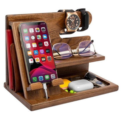 Teslyar Wood Phone Desk Station Keys Watch Holder Docking Stand Hooks Organize