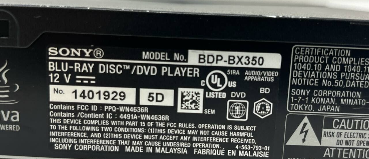 Sony BDP-BX350 Blu-Ray Disc DVD Player 1080p Streaming WiFi HDMI USB Full HD