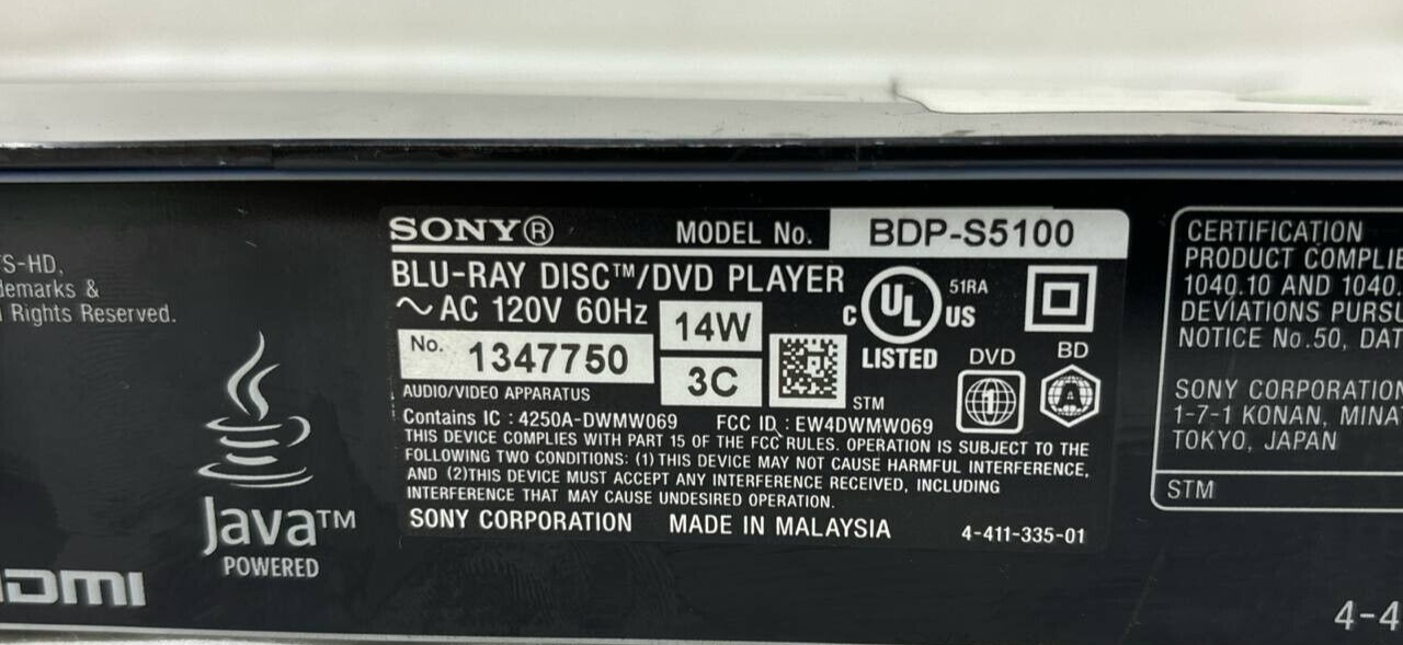 Sony BDP S5100 Blu-Ray 3D DVD Player 1080P WiFi HDMI USB Streaming MP3 Full HD