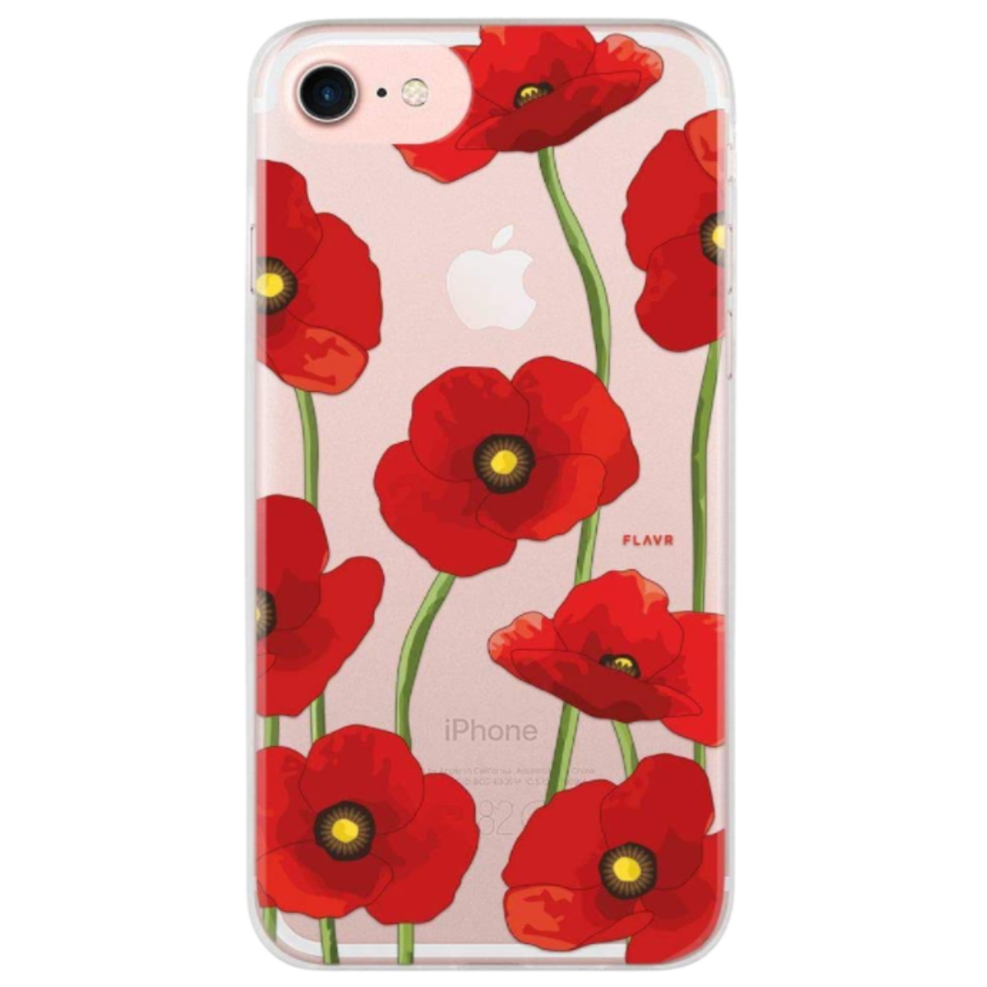Hard Clear Case FLAVR Poppy Red Tulips Real Flower For iPhone 6 6s 7 8 Artistic